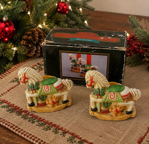 Vintage Noble Hall Rocking Horse Candle Holders Set of 2 Christmas Original Box